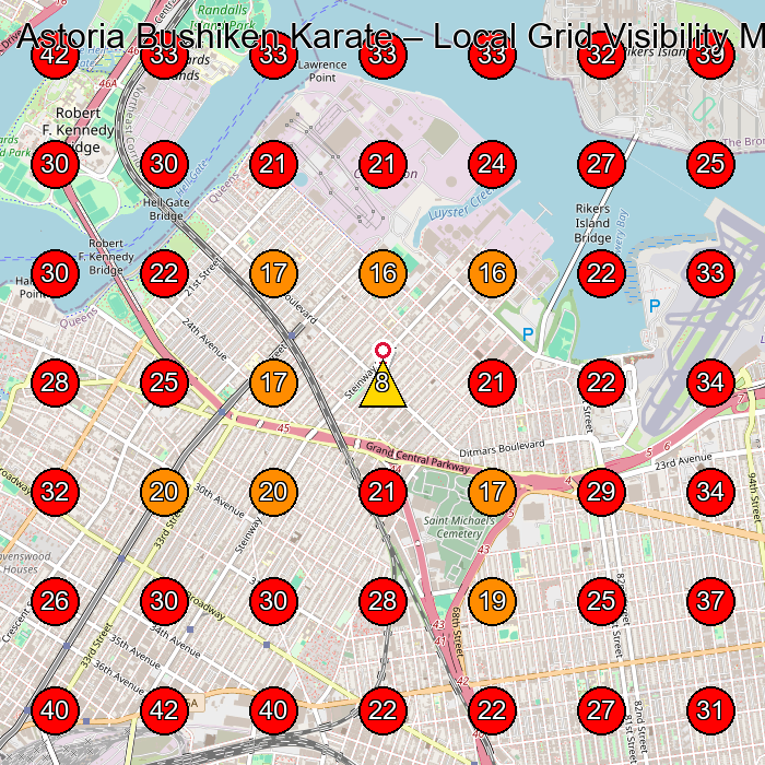 Astoria Bushiken Karate GeoGrid visibility map for Martial Arts School in Queens